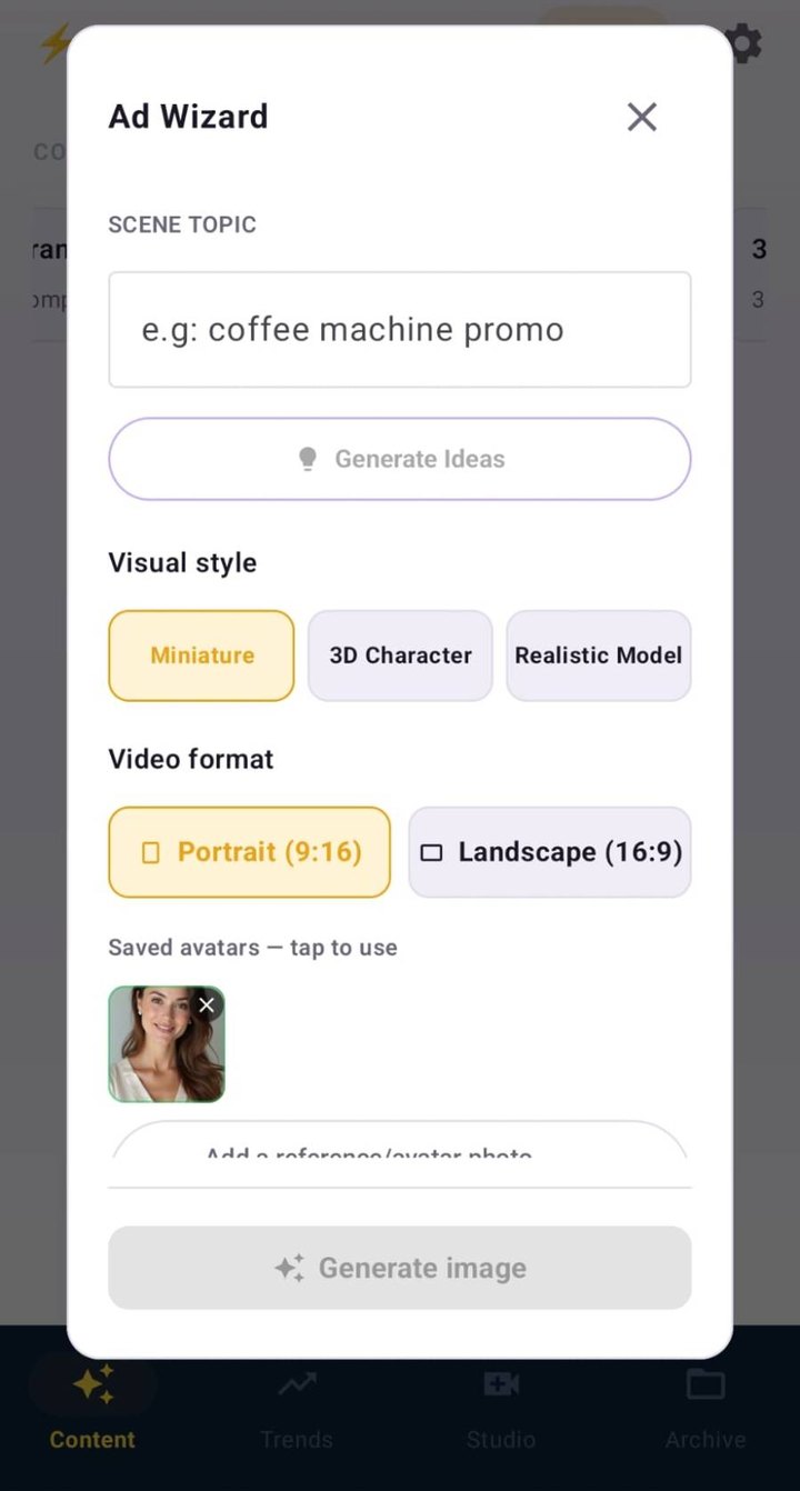 Vokly AI Ad Wizard with visual style and video format options