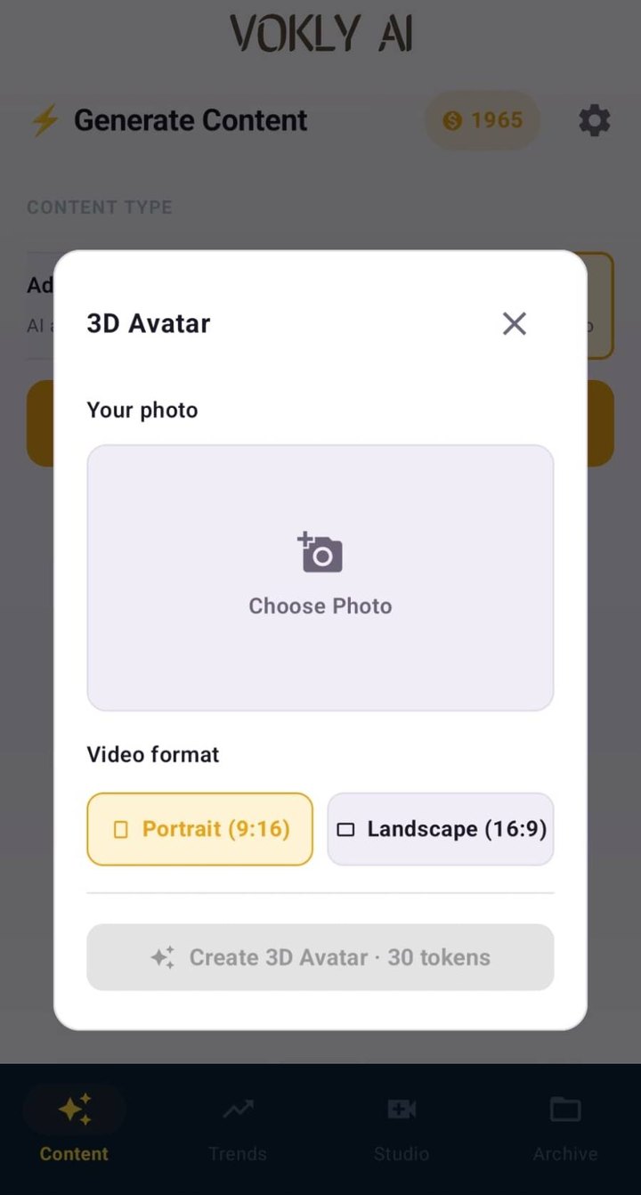 Vokly AI 3D avatar screen with a photo upload and video format options