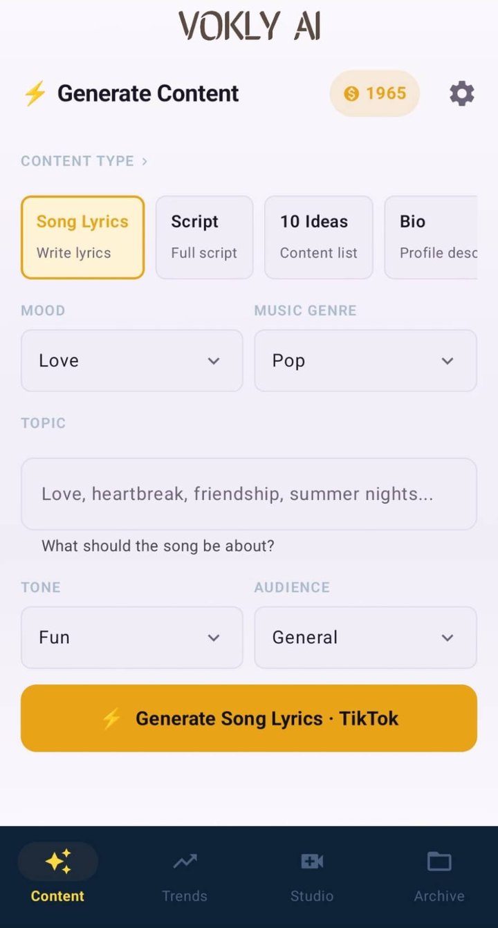Vokly AI song lyrics screen with mood and music genre pickers